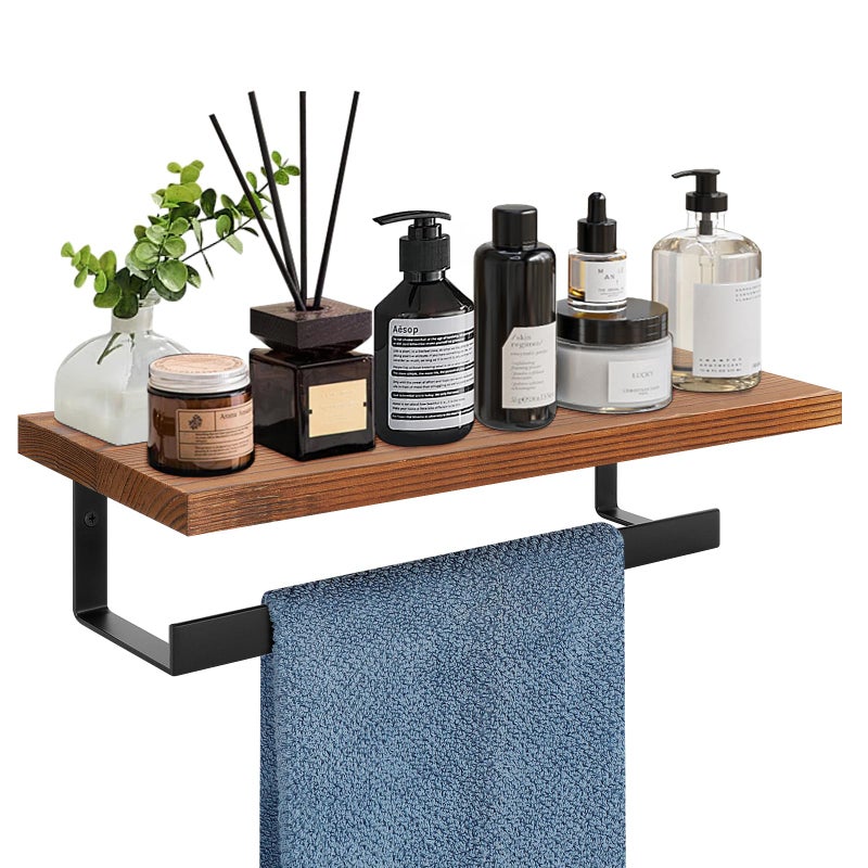 Winmien Hand Towel Holder/Towel Ring with Wooden Shelf, Premium Metal Hand Towel Rack, Hand Towel Hanger for Bathroom, Bath Accessories Wall Mounted (Matte Black, 12 Inch) - Image 1